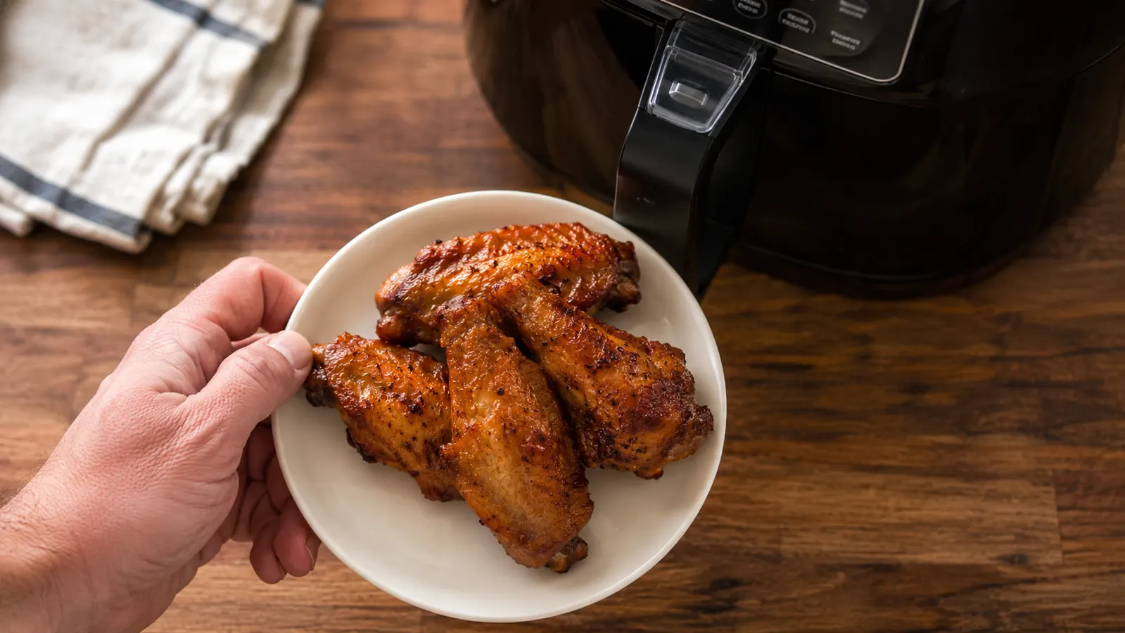 Crispy golden chicken wings fresh from a compact air fryer on a small plate