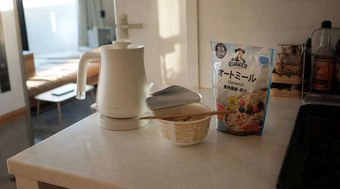 Cozy kitchen scene with an electric kettle, instant oatmeal, and a bowl of ramen on a small counter