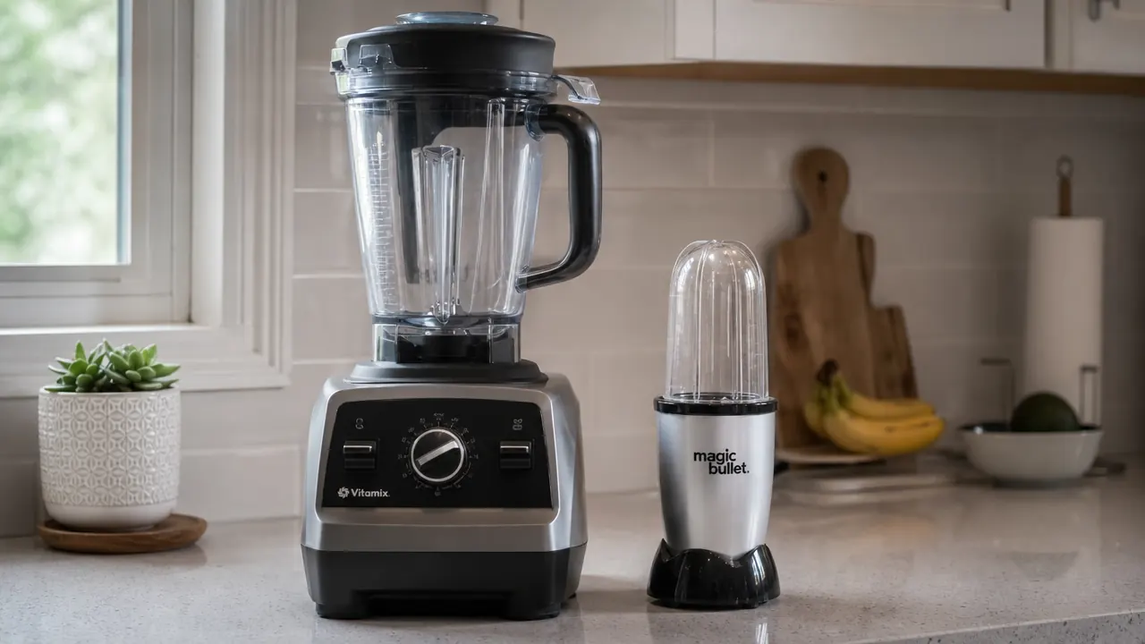 Side-by-side size comparison of a full-size blender and a Magic Bullet on a small counter