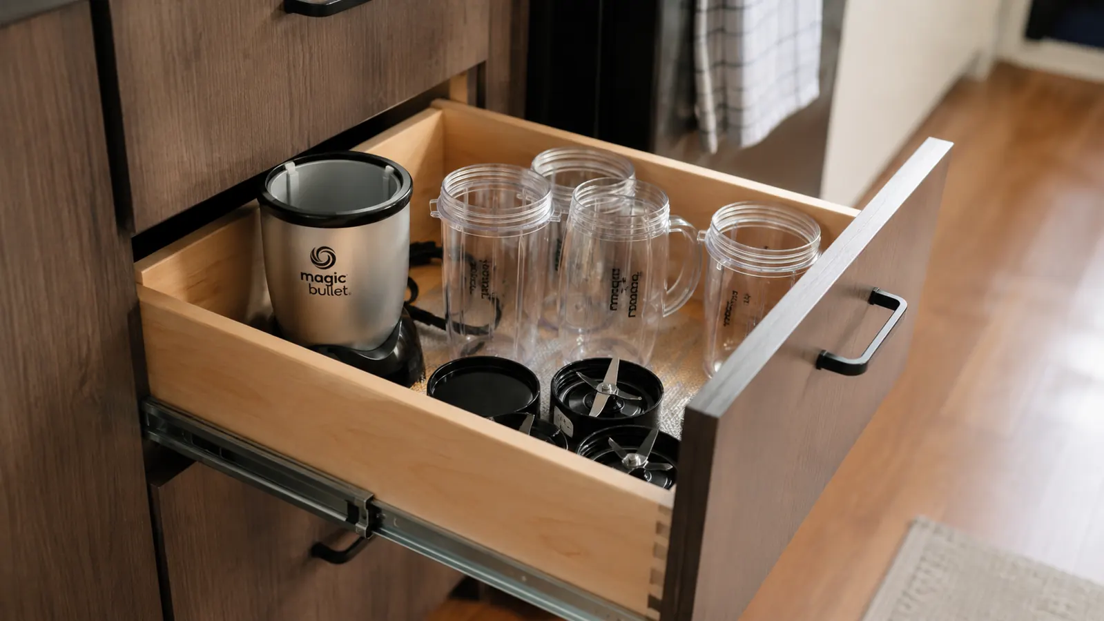 Magic Bullet cups stored in a cabinet drawer alongside its accessories