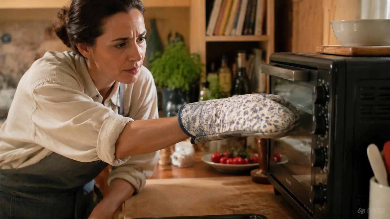 Person wearing oven mitt reaching toward the side of a toaster oven, cautious posture suggesting hot exterior surface