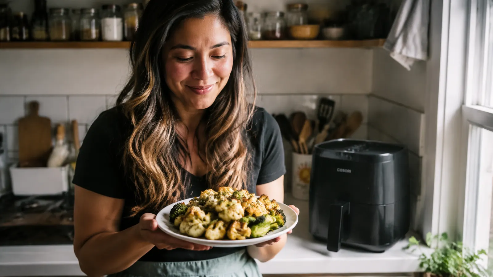 Person holding a plate of crispy roasted vegetables cooked in a compact air fryer