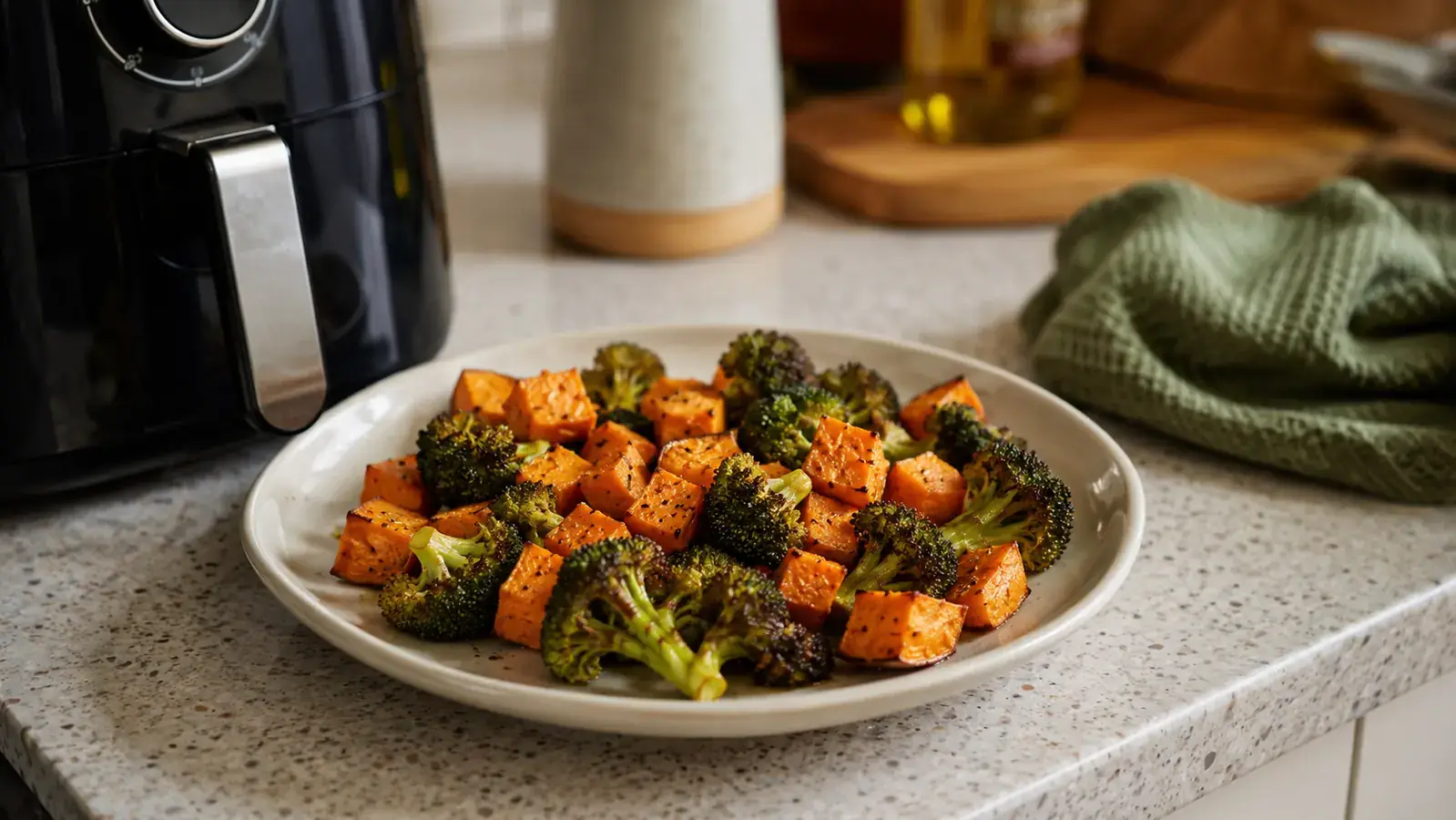 Plate of crispy roasted vegetables next to the CHEFMAN mini air fryer on a small kitchen counter