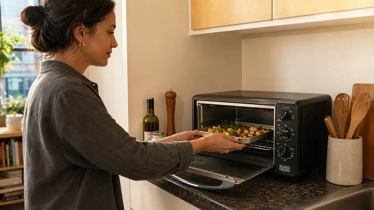 Hand sliding a small baking pan into the BLACK+DECKER toaster oven