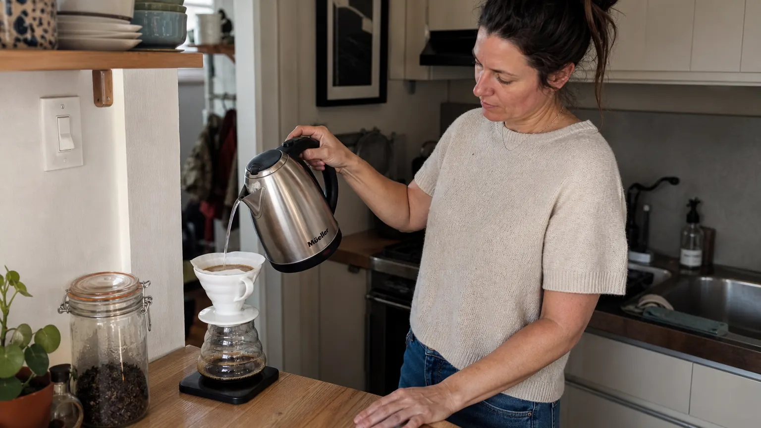 Person pouring hot water from an electric kettle into a pour-over coffee dripper on a small kitchen counter