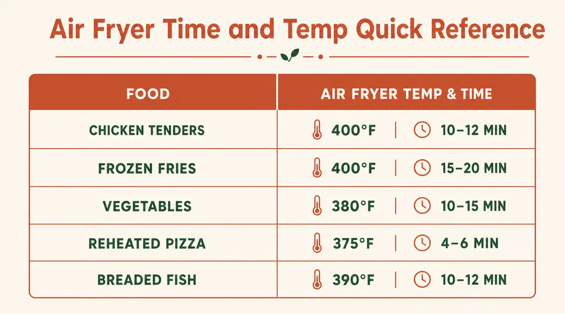 Chart showing air fryer temperature and cook time guide for common crispy foods
