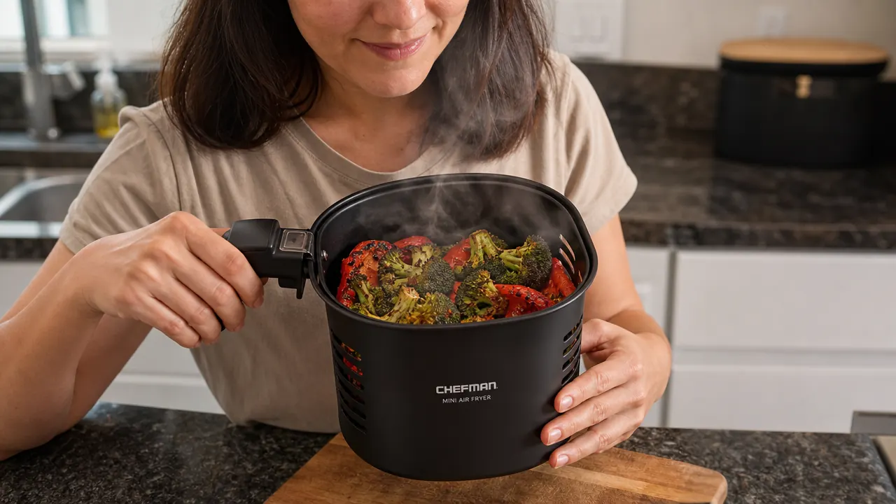 Perfectly crispy roasted vegetables in an air fryer basket after cooking