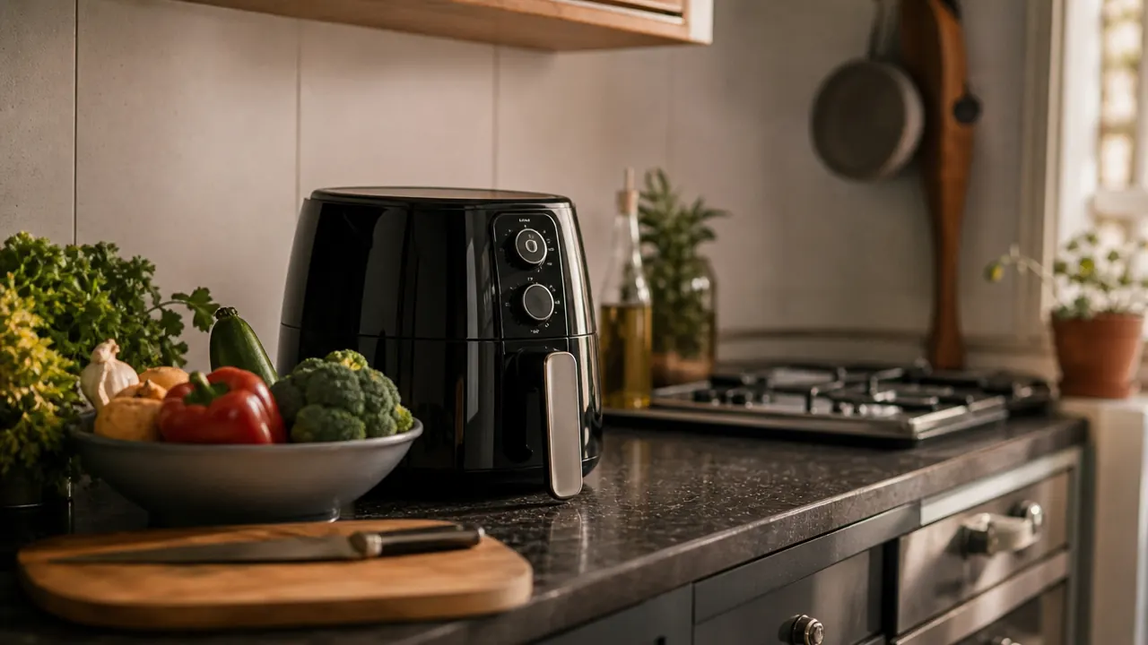 Small apartment kitchen counter with organized cooking setup using a compact air fryer