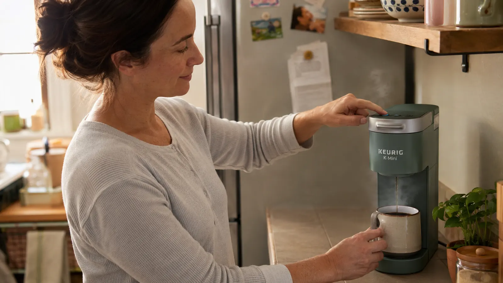 A woman pressing the brew button on a Keurig K-Mini on a tight apartment counter