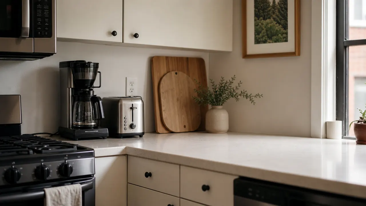 A tidy small kitchen counter with the Keurig K-Mini tucked beside a toaster, showing how little space it takes