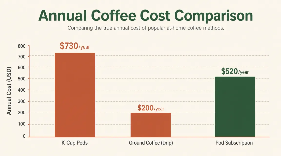 Chart comparing annual cost of K-Cup pods versus ground coffee over 12 months