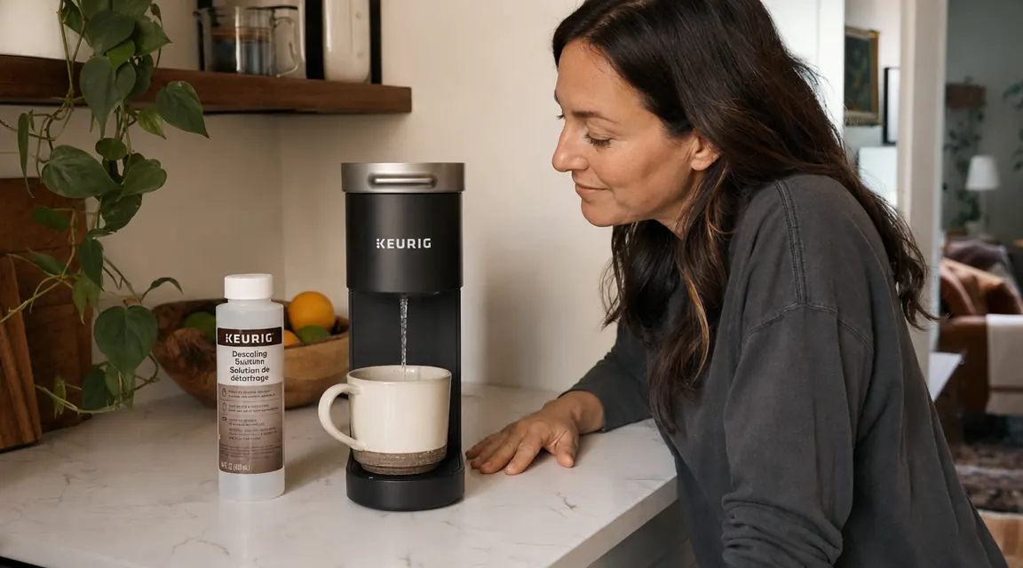 Close-up of descaling solution bottle and Keurig K-Mini during a cleaning cycle