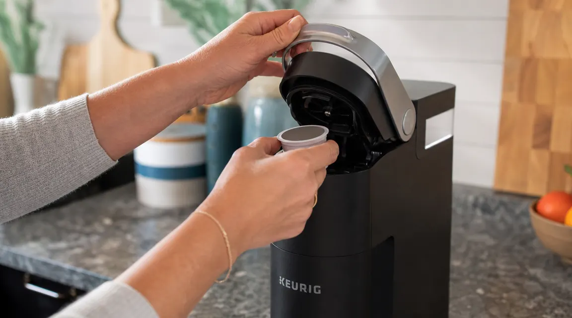 Hand lifting the lid of a Keurig K-Mini to insert a K-Cup pod, viewed from slightly above