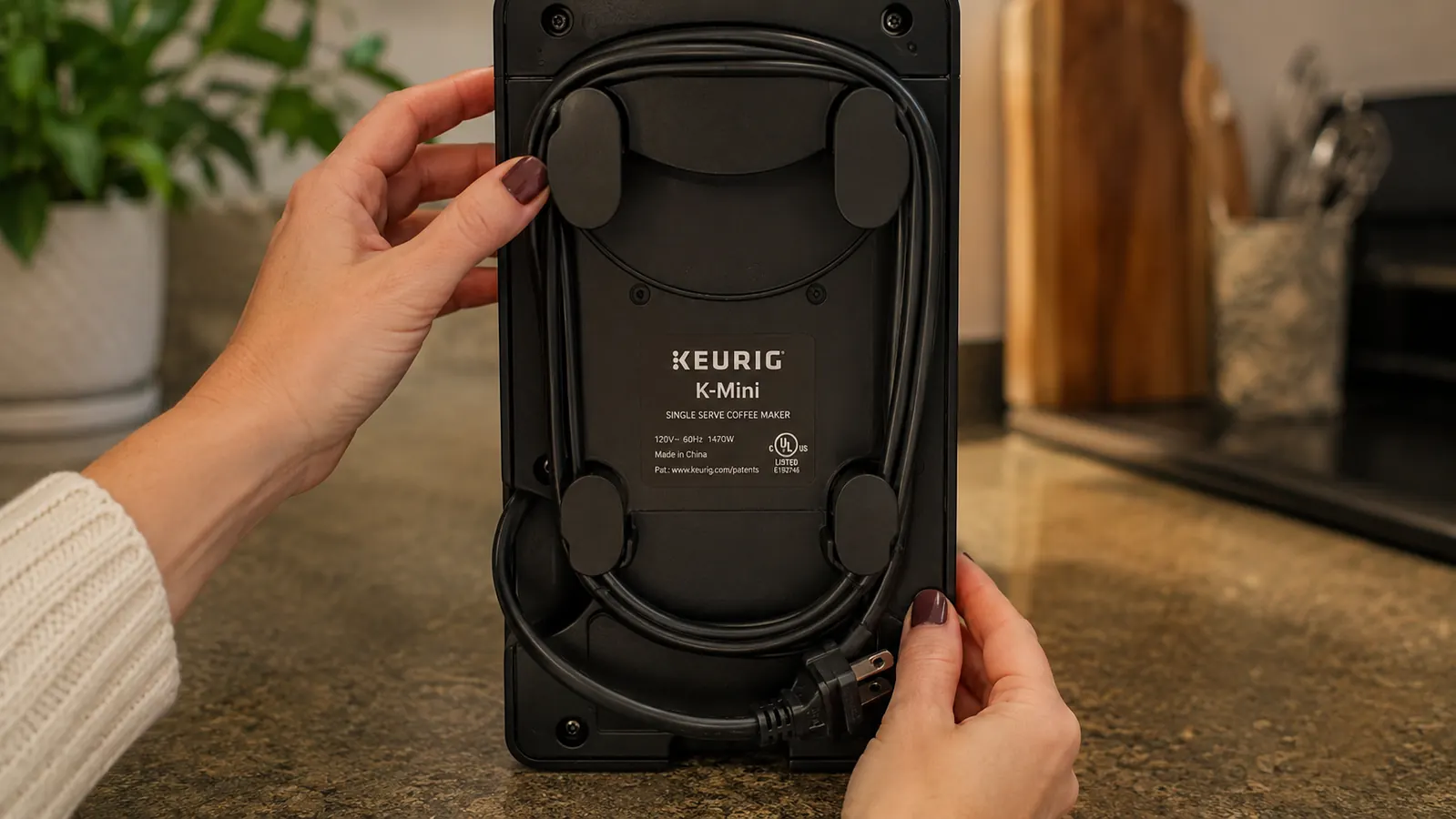 Keurig K-Mini cord wrapped around the base storage hooks, showing the cord storage feature