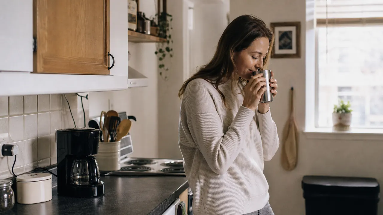 Small kitchen counter with a single-serve coffee maker and a travel mug ready to go