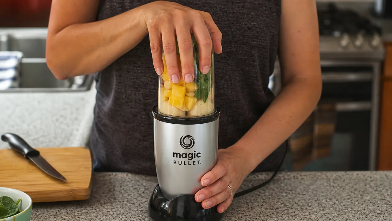 Hand placing a blender cup onto the Magic Bullet base on a small countertop