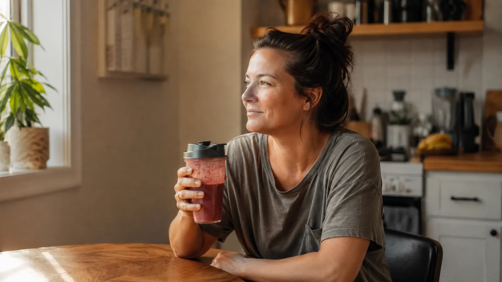 Person at a small kitchen table holding a smoothie cup and smiling, relaxed morning moment