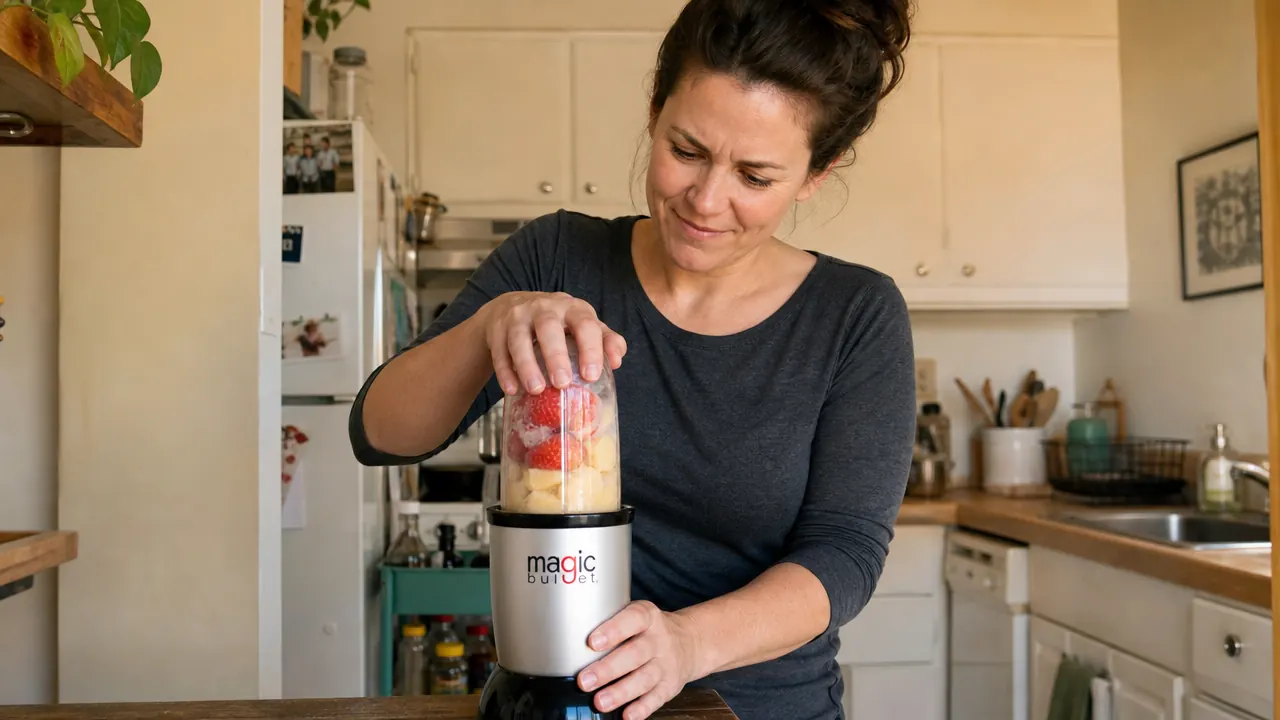 Person attempting to blend a thick frozen smoothie in a Magic Bullet cup, blender struggling visibly