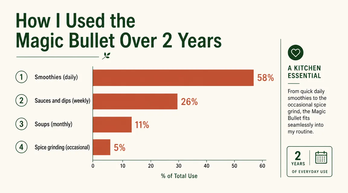 Chart showing frequency of Magic Bullet use by task over two years: smoothies, sauces, soups, and coffee drinks
