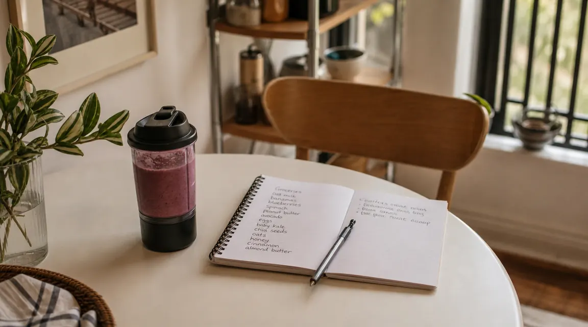 Magic Bullet cup filled with a finished smoothie sitting beside a notebook and pen on a small kitchen table