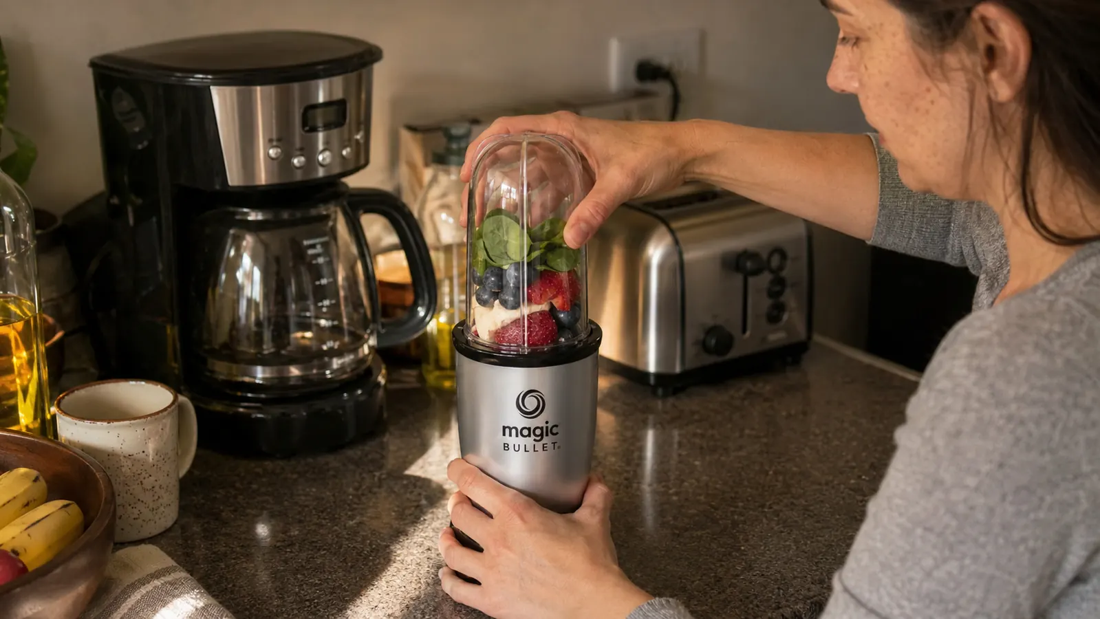 Hand attaching a Magic Bullet cup to the blender base on a tight apartment countertop