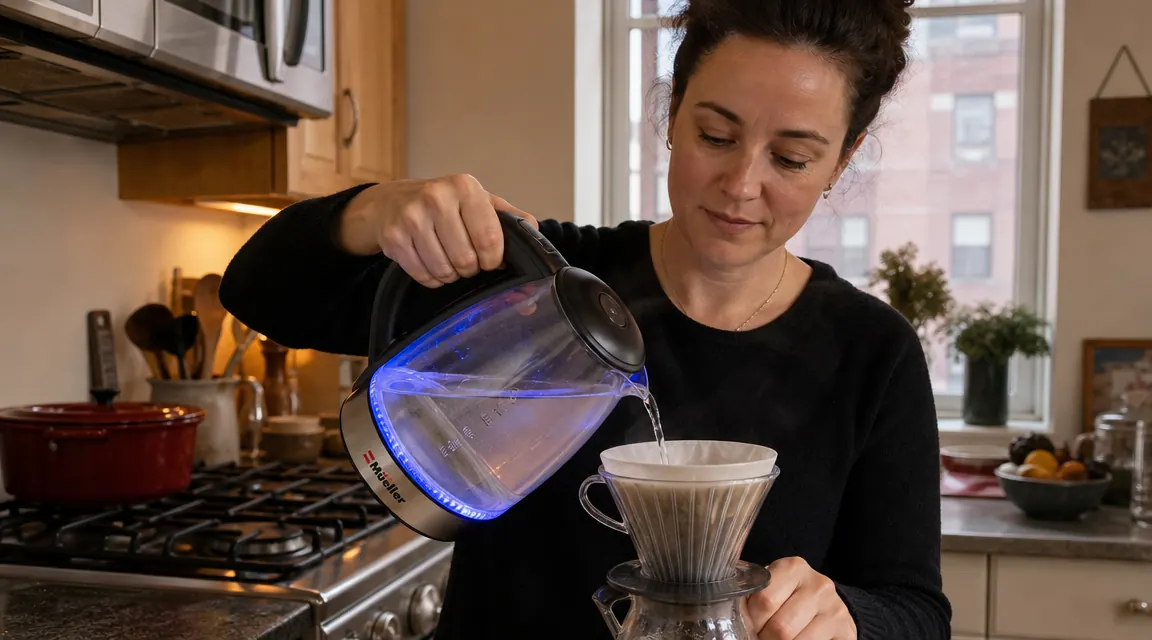 Hand pouring boiling water from the Mueller electric kettle into a pour-over coffee dripper over a mug on a wooden counter