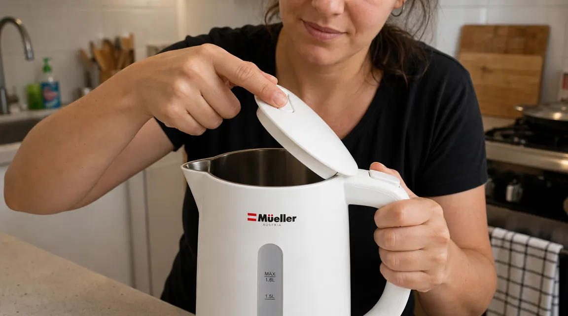 Hand opening the Mueller kettle lid with a thumb push, showing the flip-up lid mechanism