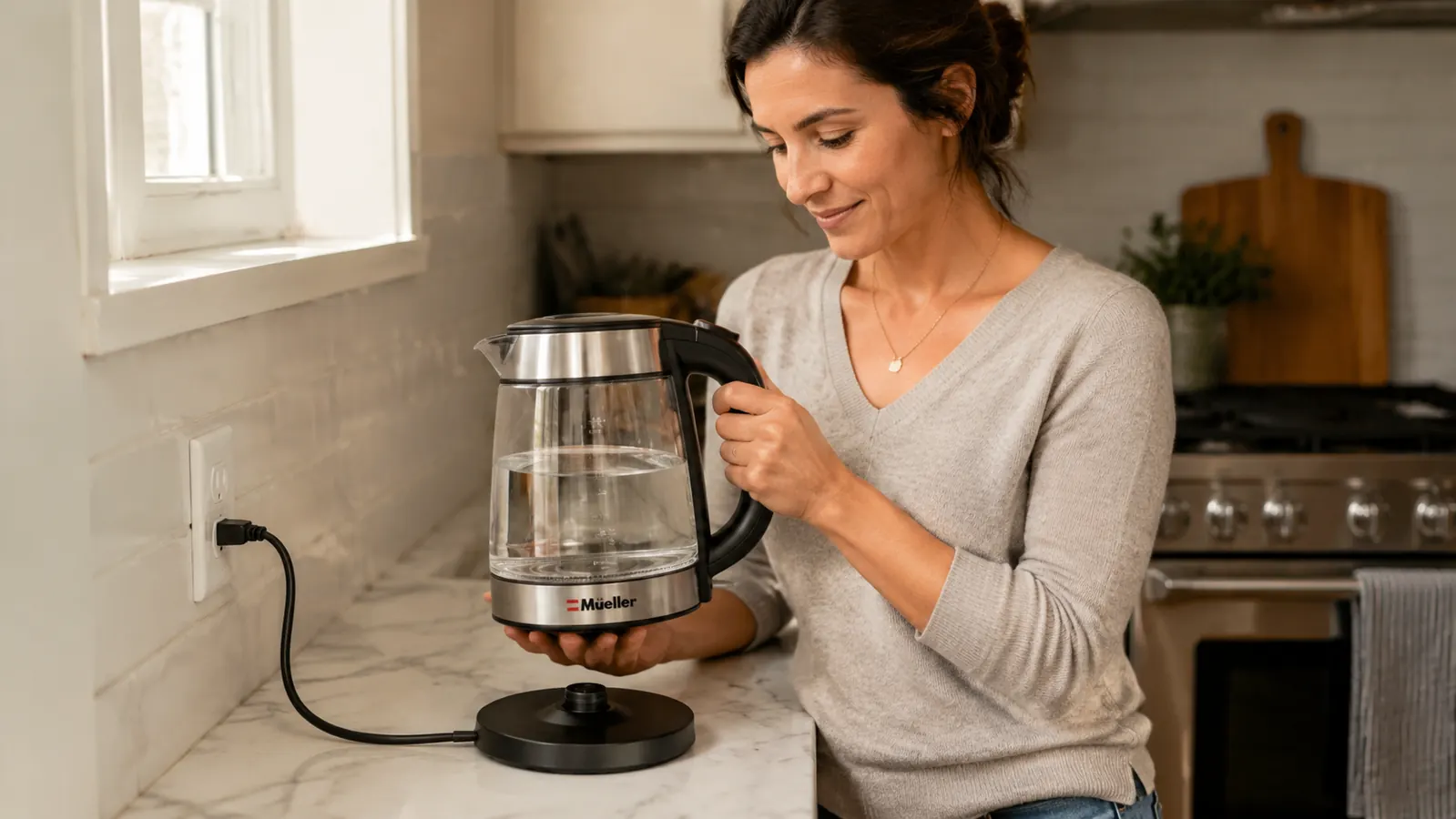 Mueller electric kettle base plugged into a counter outlet with the lid open, showing the wide opening and interior