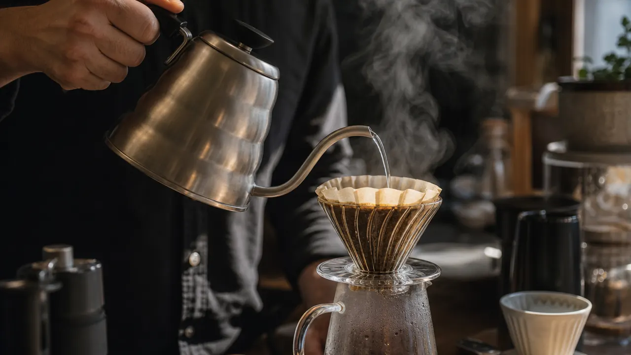 Person pouring hot water from a Mueller kettle into a pour-over coffee dripper on a small kitchen counter